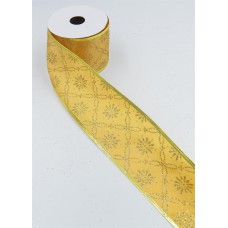 2.5 Inch Wired Christmas Ribbon with Gold Metallic Floral Motif on Gold Satin, 2-1/2 In. X 10 Yds (Lot of 1 Spool) SALE ITEM
